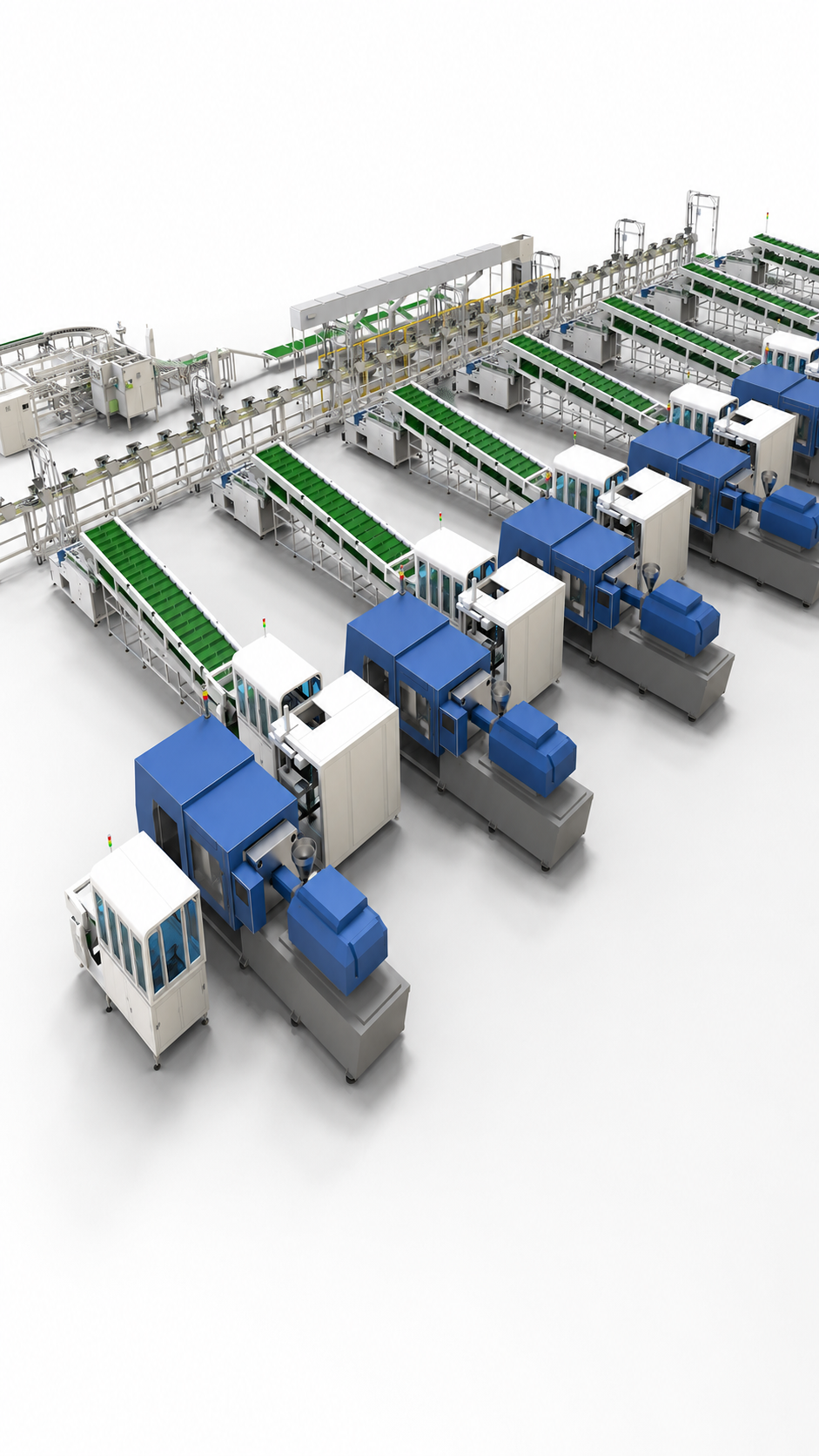 Integrated injection molding production system with machines, conveyors, automation and material handling